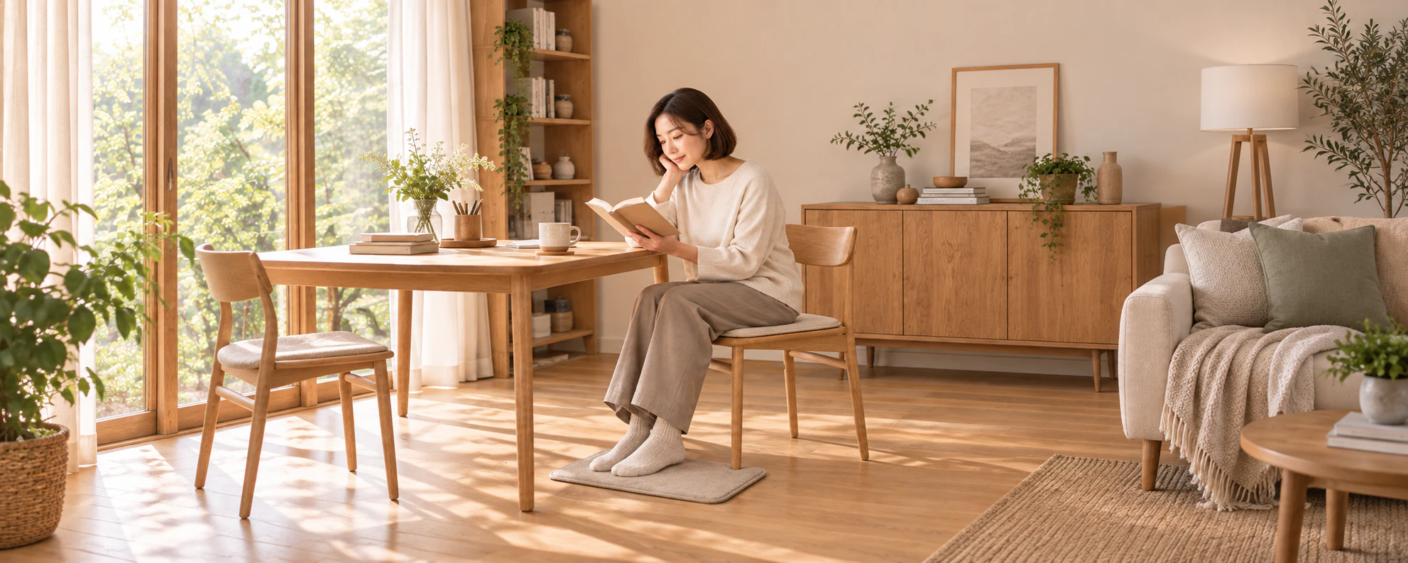 椅子と足元のマットを使い読書をする女性