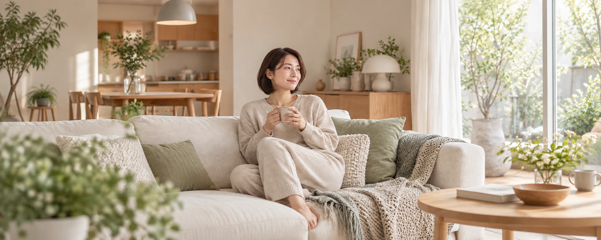 暖かな部屋着でソファに座る女性