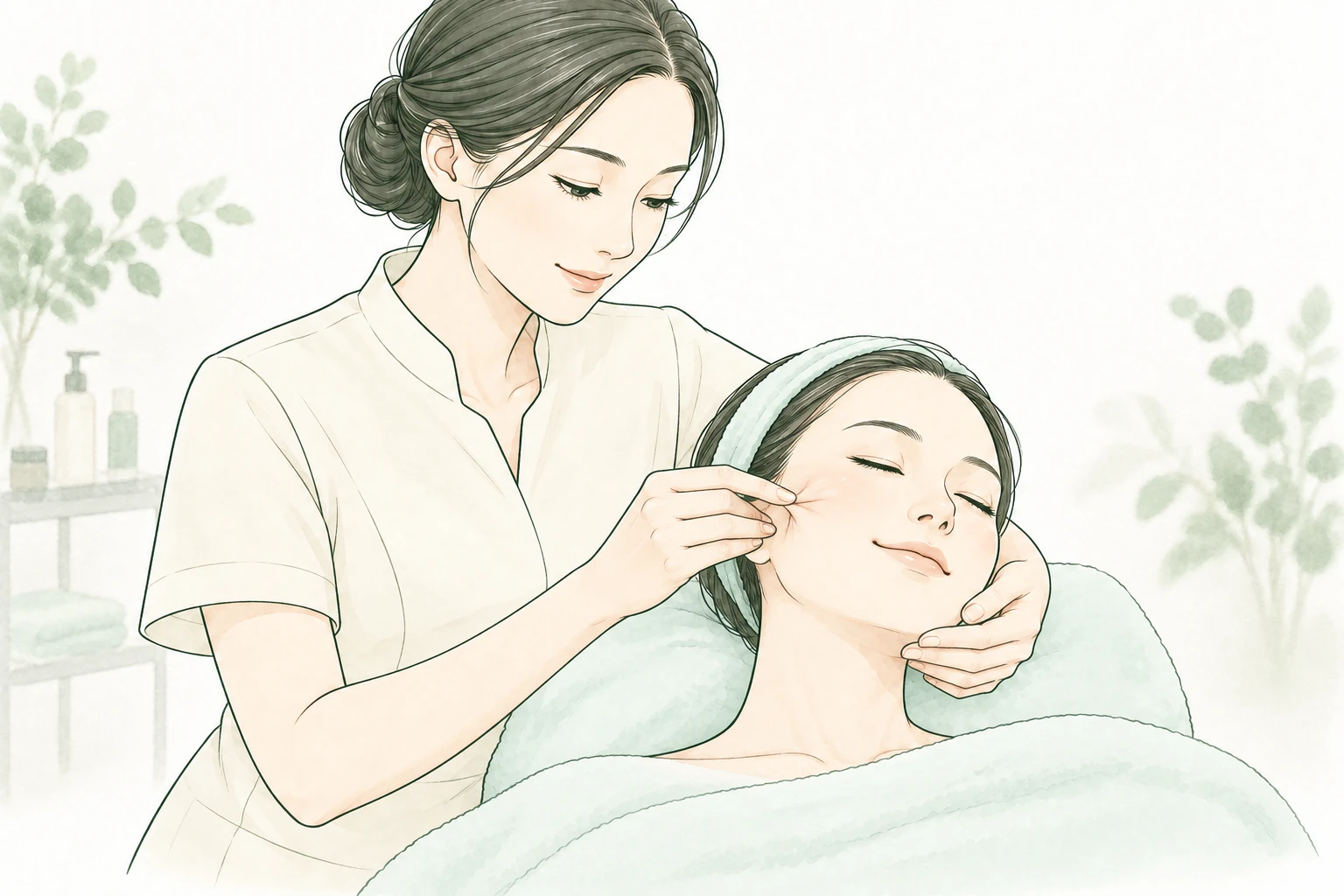 皮膚をやさしく引き上げる整膚の施術イラスト