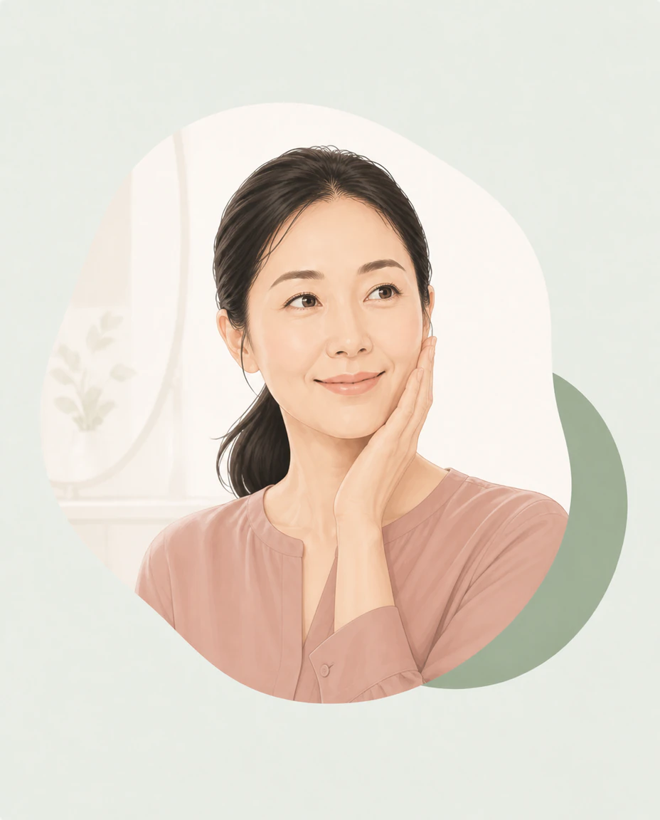 頬に手を添えて微笑む40代の女性