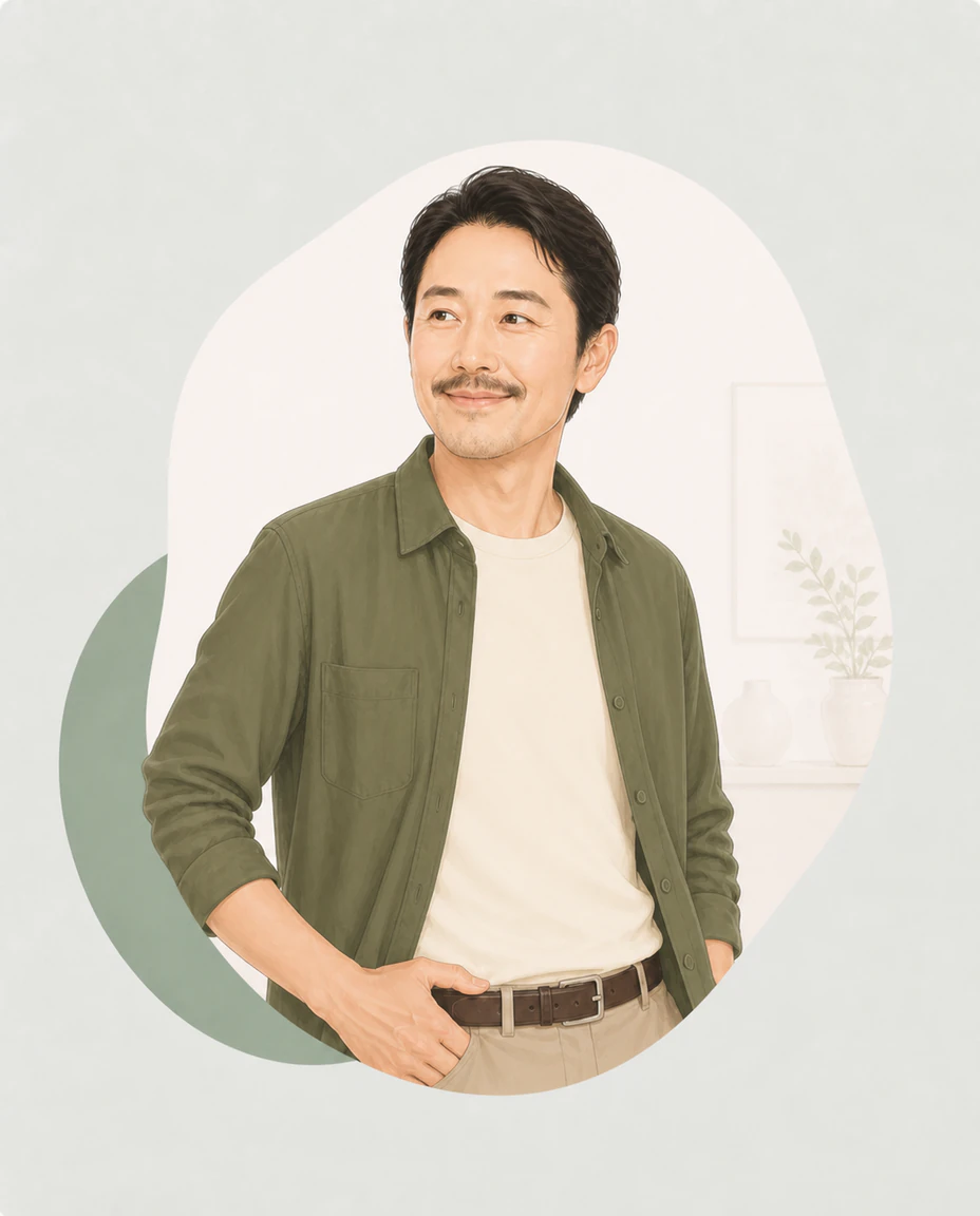 軽やかな表情で左を向く40代の男性