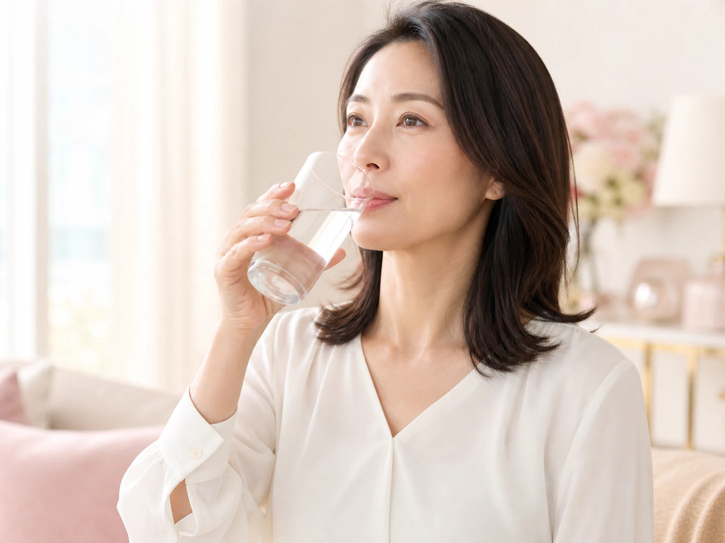 水と一緒にサプリメントを飲む女性