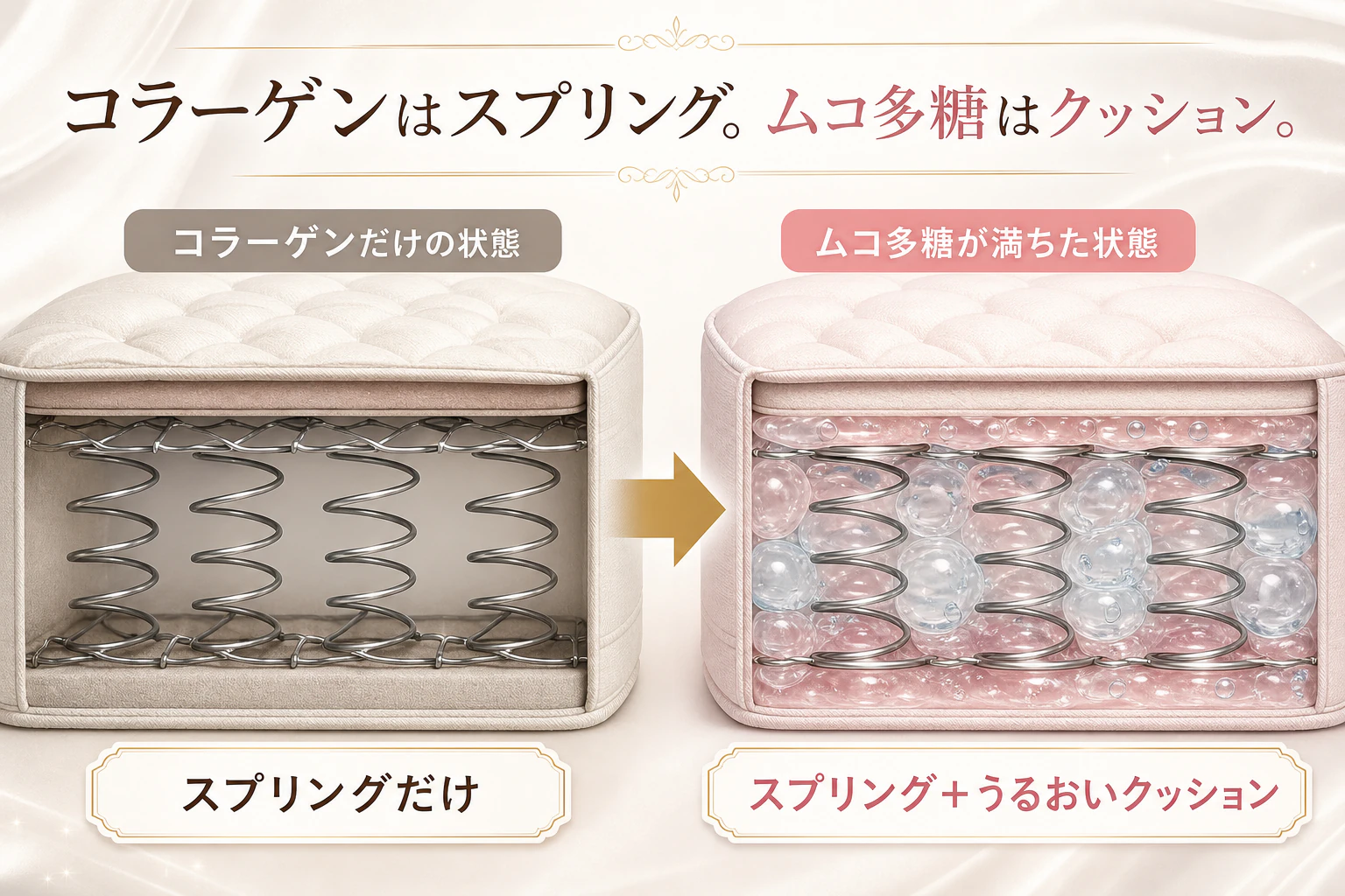 コラーゲンをスプリング、ムコ多糖をうるおいクッションに例えた比較図解