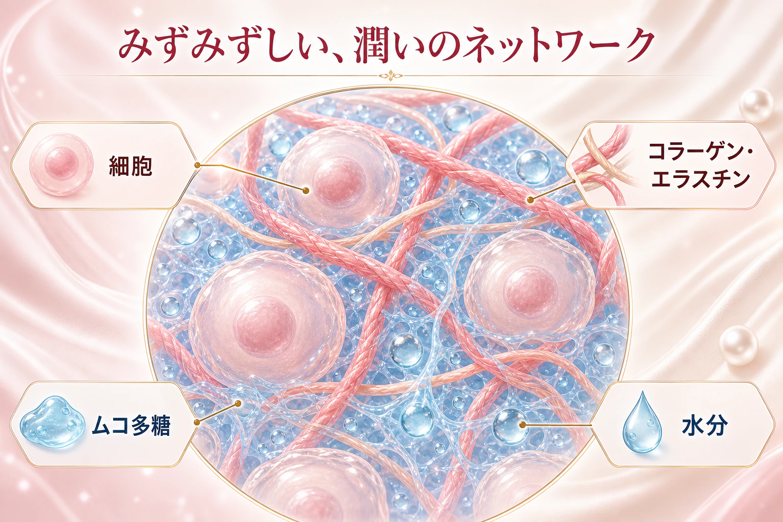 みずみずしい、潤いのネットワーク。細胞、コラーゲン・エラスチン、ムコ多糖、水分の関係を示した図解