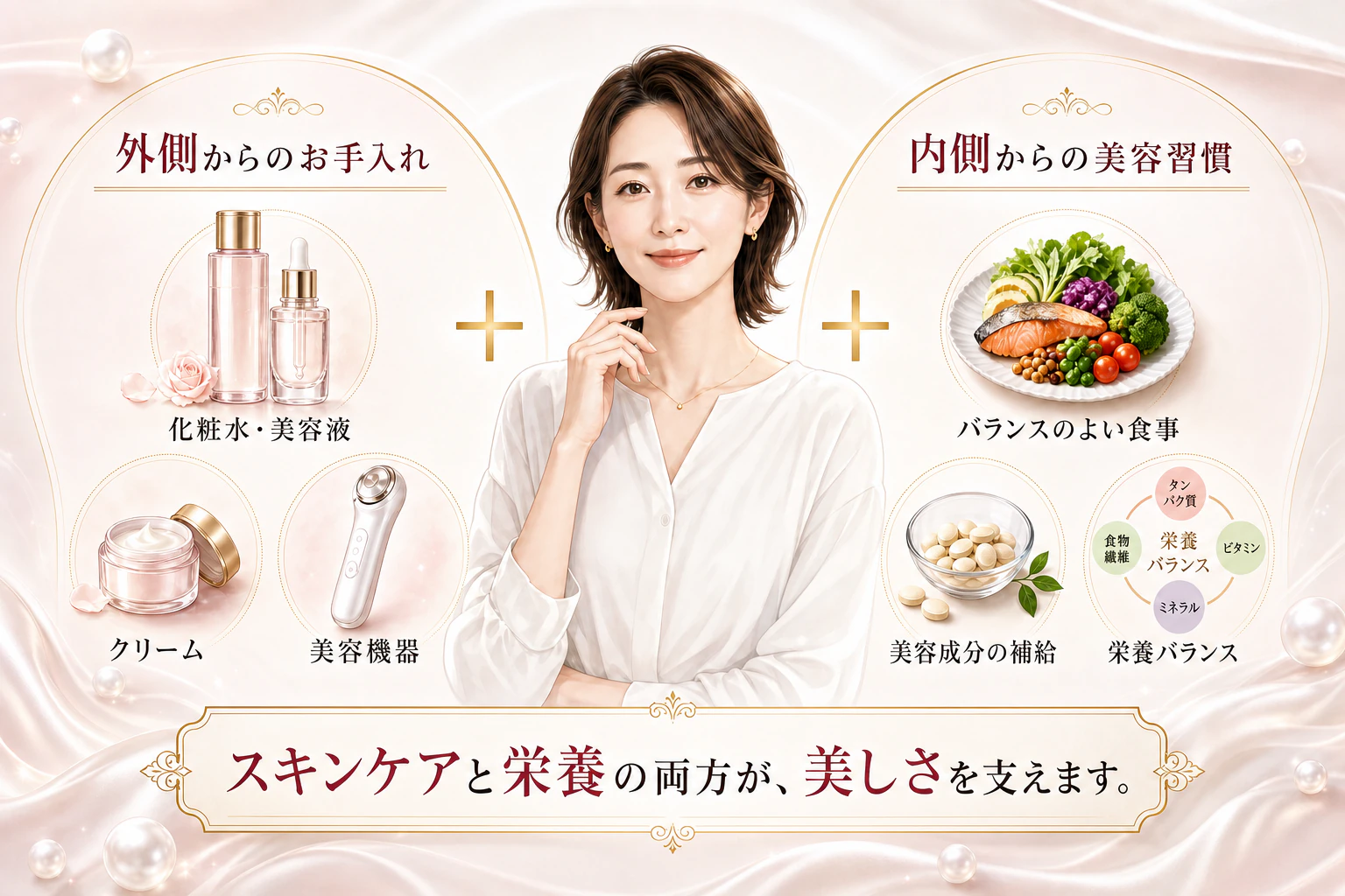 外側からのお手入れと内側からの美容習慣の両方から美しさを考える図解