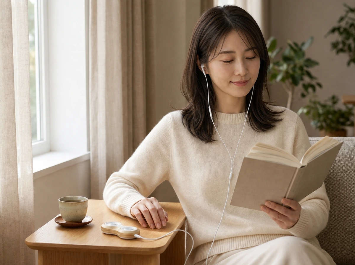 ブレインオンを使いながら読書をする若い女性