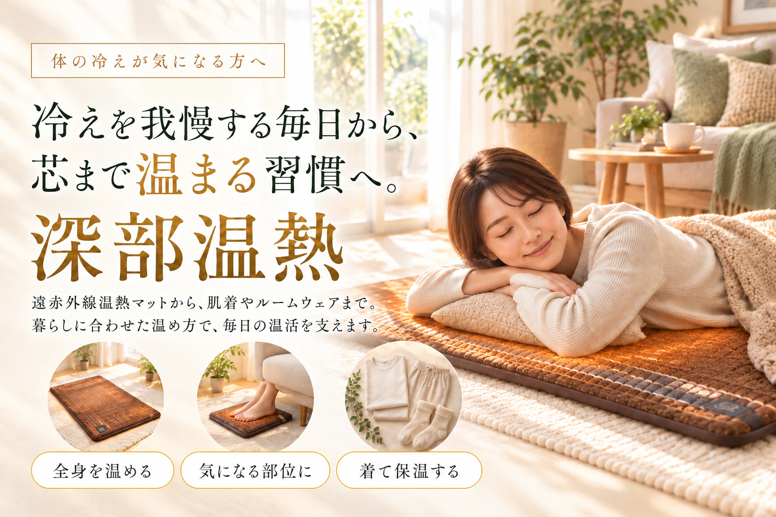 体の冷えが気になる方へ。冷えを我慢する毎日から、芯まで温まる習慣へ。深部温熱。遠赤外線温熱マットから、肌着やルームウェアまで。暮らしに合わせた温め方で、毎日の温活を支えます。全身を温める、気になる部位に、着て保温する。
