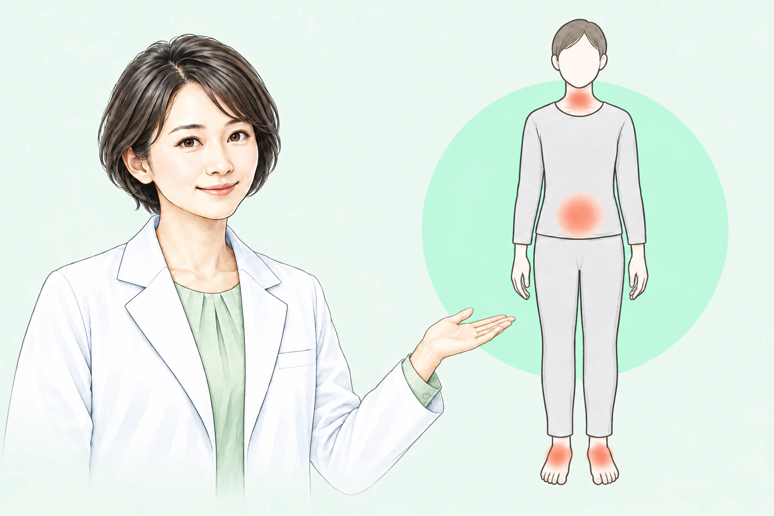 淡い緑の円を背景に、首元・お腹まわり・足元を赤く示した大きな人体図を案内する白衣の解説者イラスト