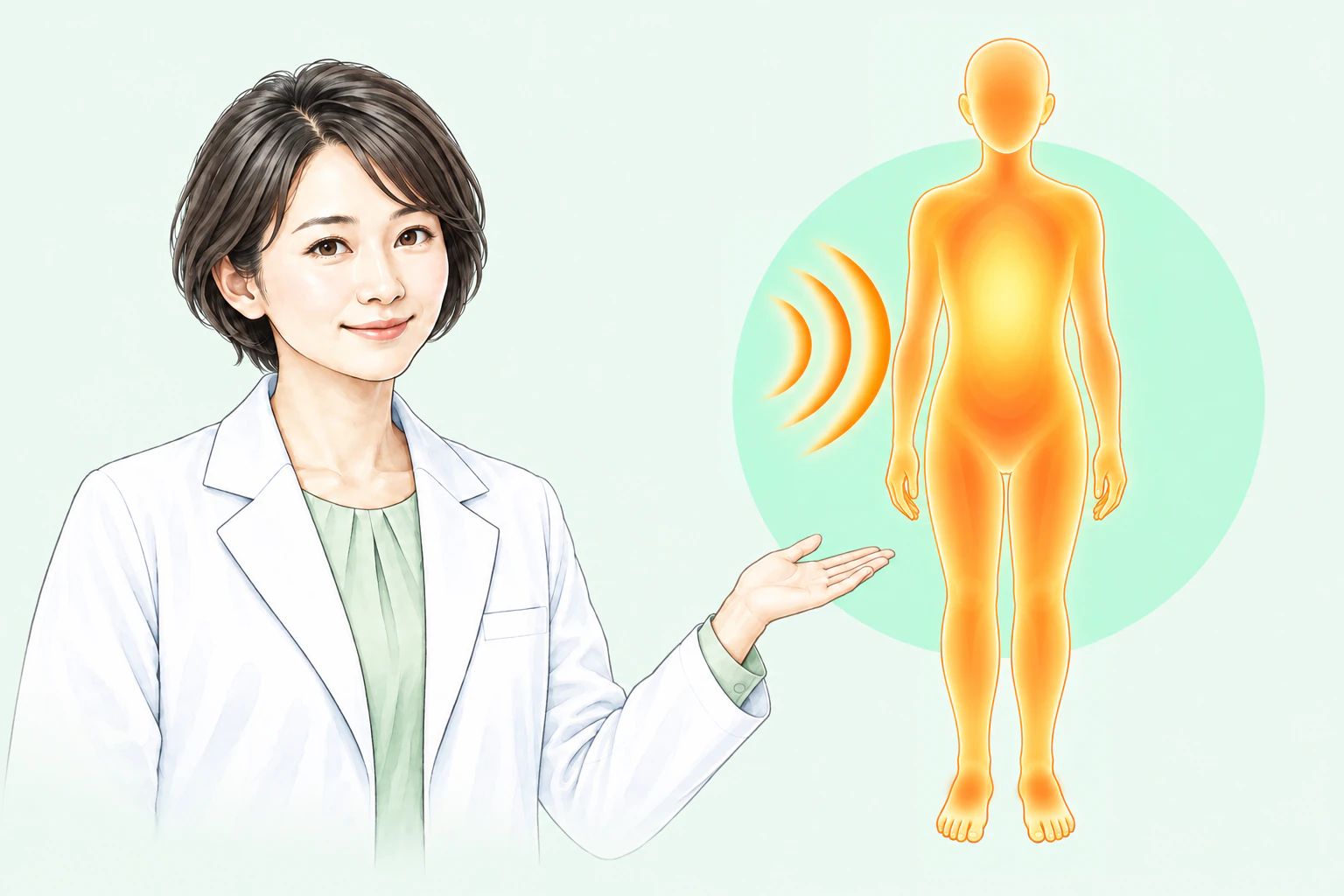 白衣の解説者が、遠赤外線の熱を受けて体の中心から温もりが広がる人体図を案内するイラスト