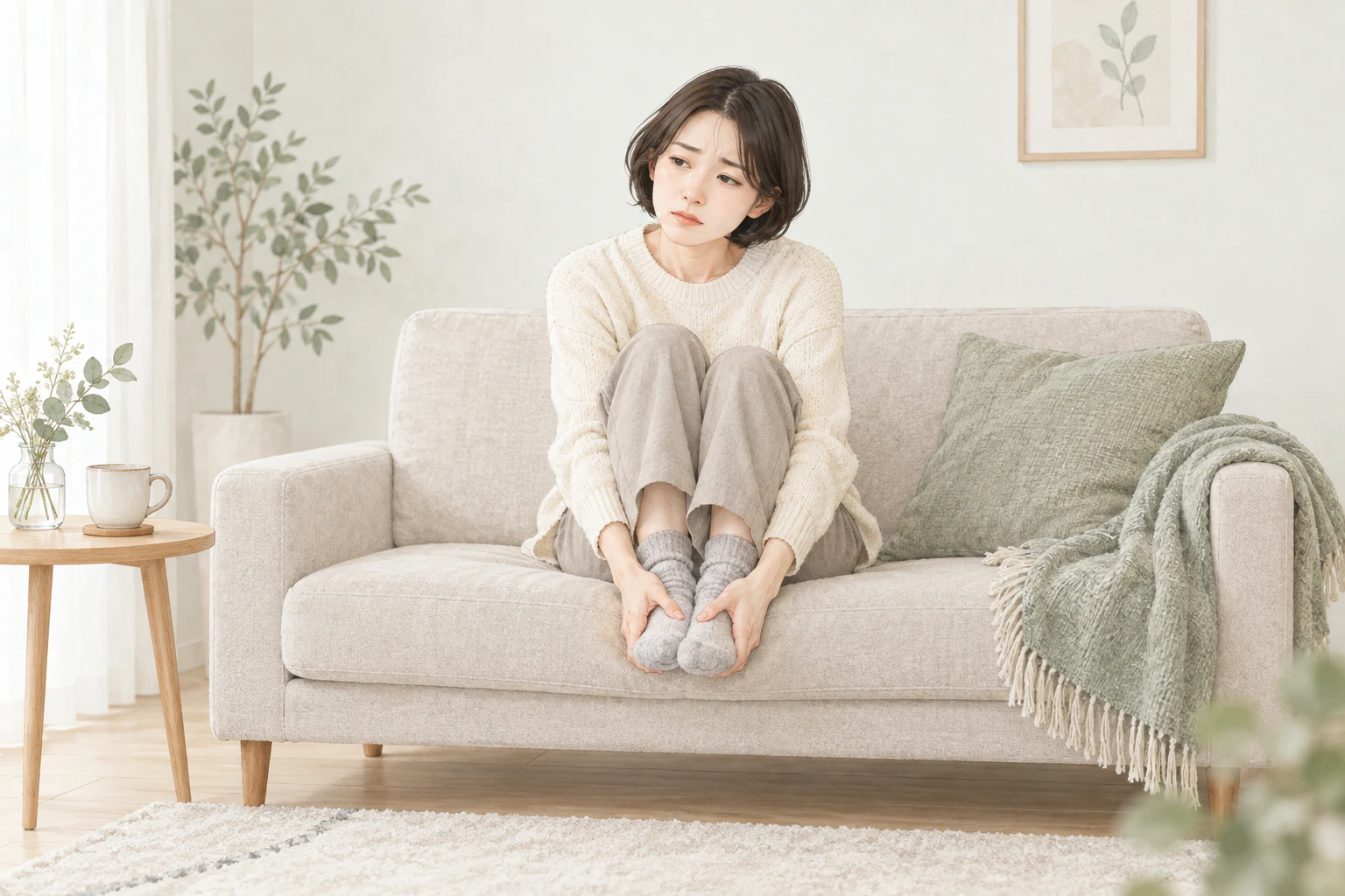 室内で冷たい足先を手で包む、ボブヘアの女性