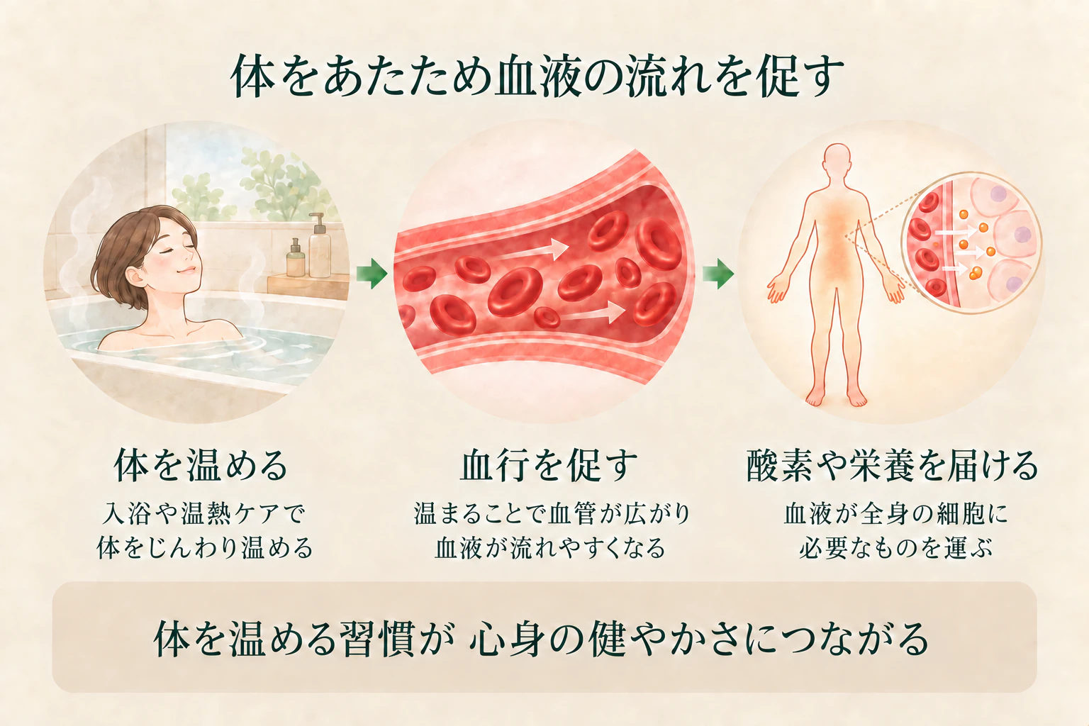 体を温め、血行を促し、血液が酸素や栄養を全身の細胞へ届ける。体を温める習慣が心身の健やかさにつながる。