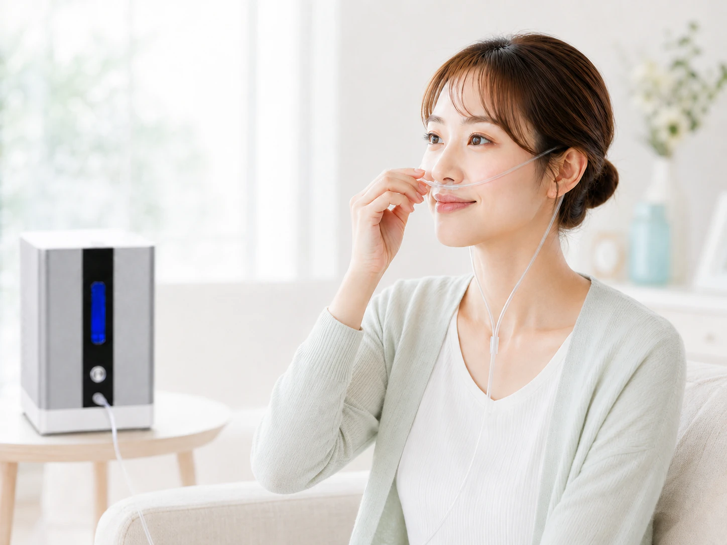 専用カニューレを鼻に装着する様子
