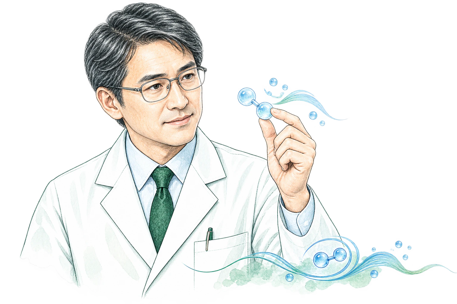 水素吸入に関する研究を表現した研究者のイラスト